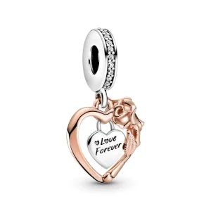Charm Pendente Flor Rosa E Coração - 789290C01 (imagem para) Charm Pendente Flor Rosa E Coração - 789290C01
