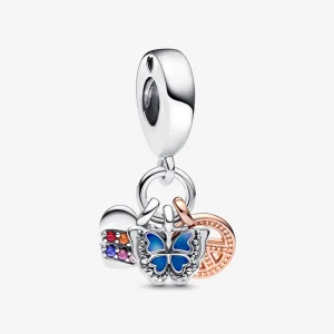 (imagem para) PANDORA Charm Triplo Pingente Coração Arco-íris, Borboleta e Paz Duas Cores - 782572C01