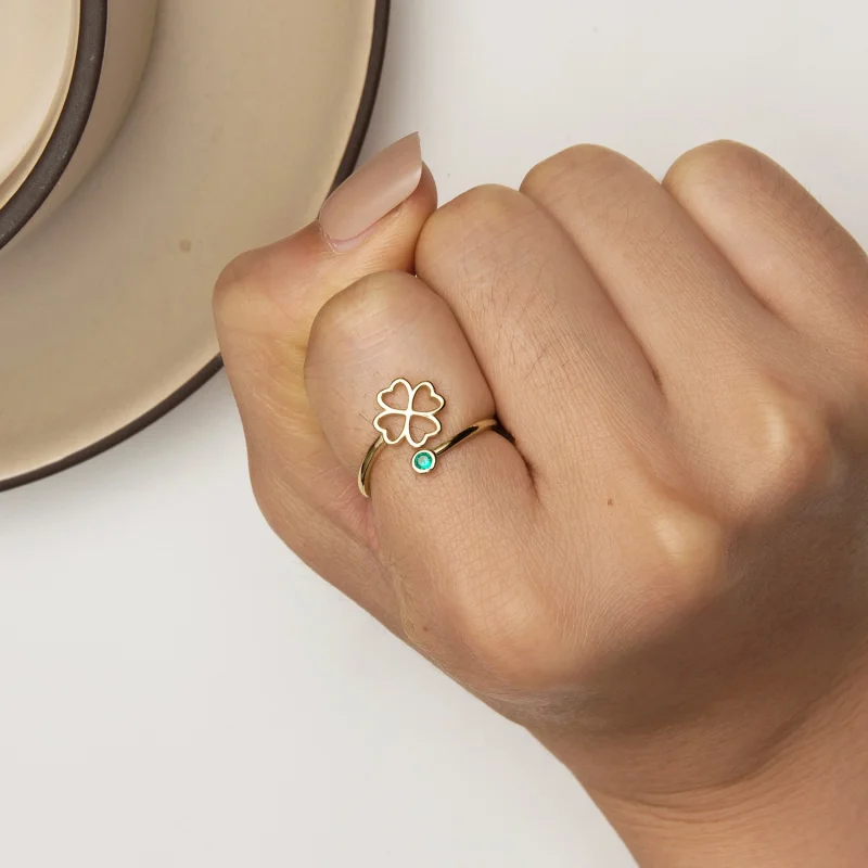 (imagem para) Anel Aberto de Trevo de Quatro Folhas Dourado Estilo Pandora - SCR843-B - Visualizar 6