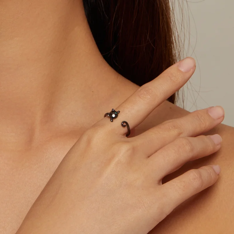 (imagem para) Anel Aberto Estilo Pandora Gato Fofo Preto - SCR707-D - Visualizar 4