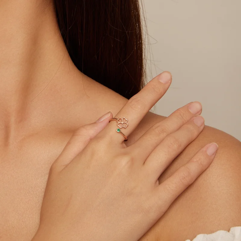 (imagem para) Anel aberto estilo Pandora trevo de quatro folhas ouro rosa - SCR843-C - Visualizar 4