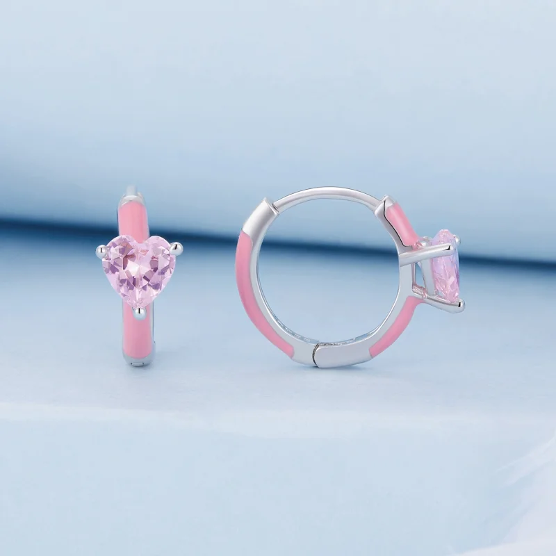 (imagem para) Brincos Argola Coração Rosa Estilo Pandora - BSE813 - Visualizar 2