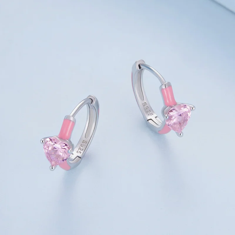 (imagem para) Brincos Argola Coração Rosa Estilo Pandora - BSE813 - Visualizar 3