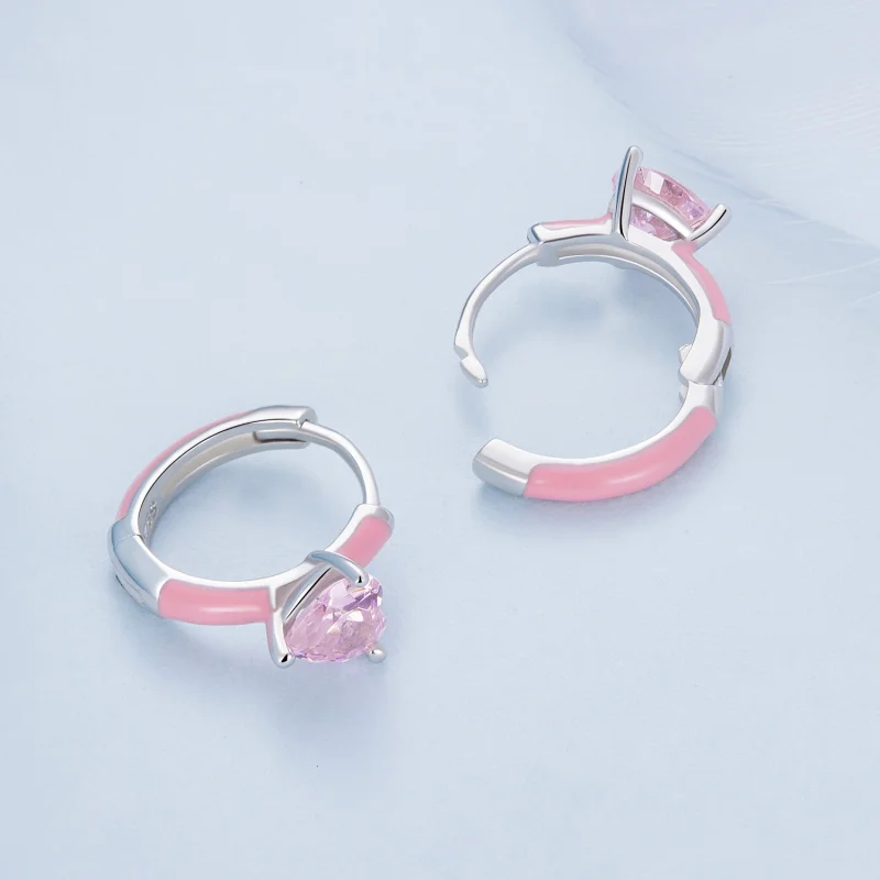 (imagem para) Brincos Argola Coração Rosa Estilo Pandora - BSE813 - Visualizar 4