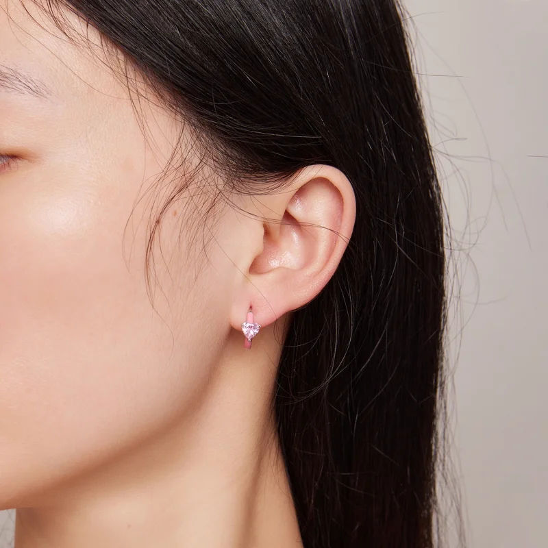 (imagem para) Brincos Argola Coração Rosa Estilo Pandora - BSE813 - Visualizar 5