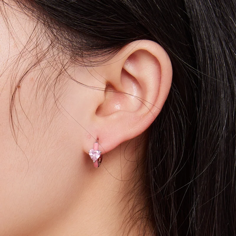 (imagem para) Brincos Argola Coração Rosa Estilo Pandora - BSE813 - Visualizar 6