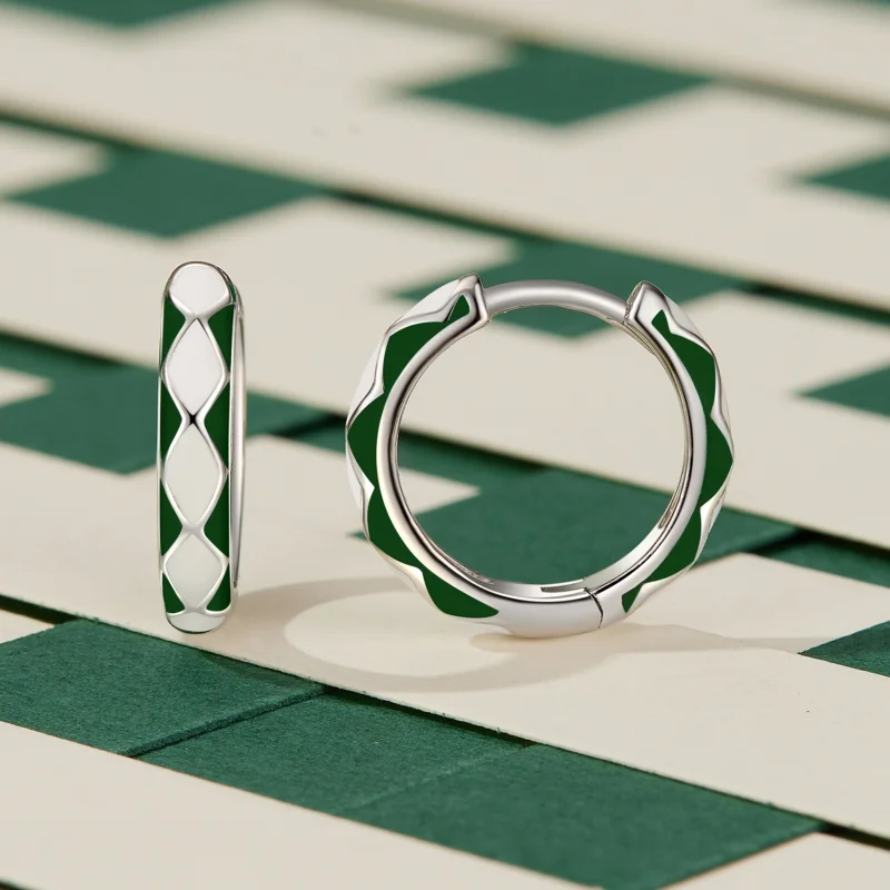 (imagem para) Brincos Argola Padrão Diamante Verde e Branco Estilo Pandora - SCE1611-GN - Visualizar 2
