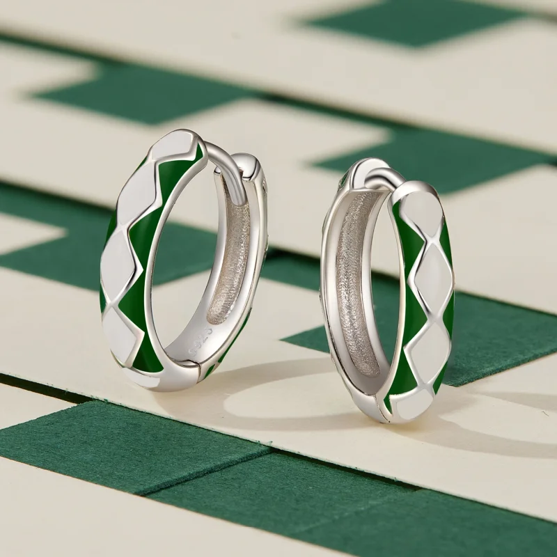 (imagem para) Brincos Argola Padrão Diamante Verde e Branco Estilo Pandora - SCE1611-GN - Visualizar 3
