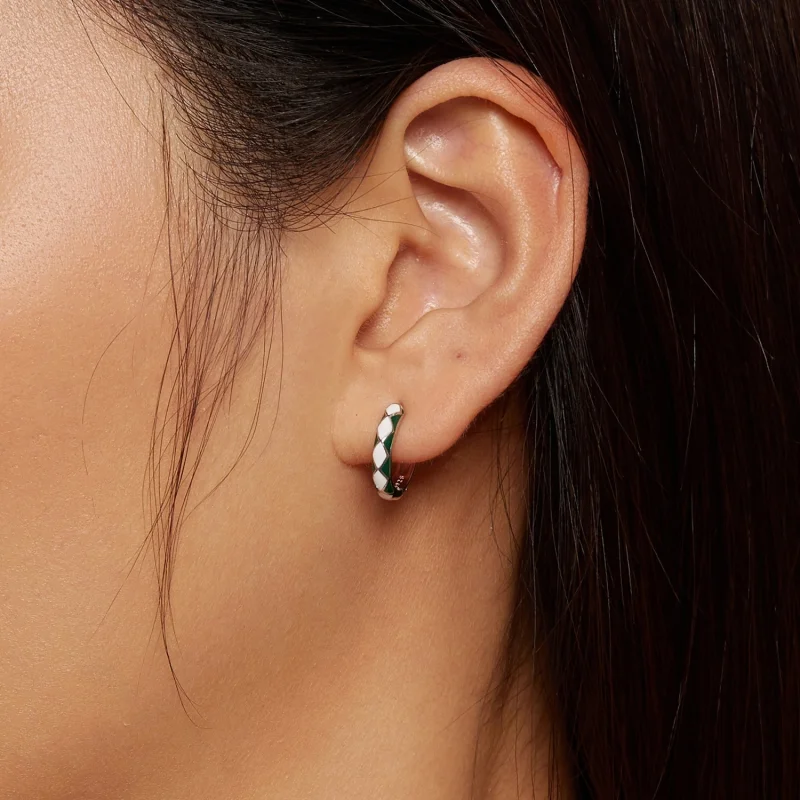 (imagem para) Brincos Argola Padrão Diamante Verde e Branco Estilo Pandora - SCE1611-GN - Visualizar 5