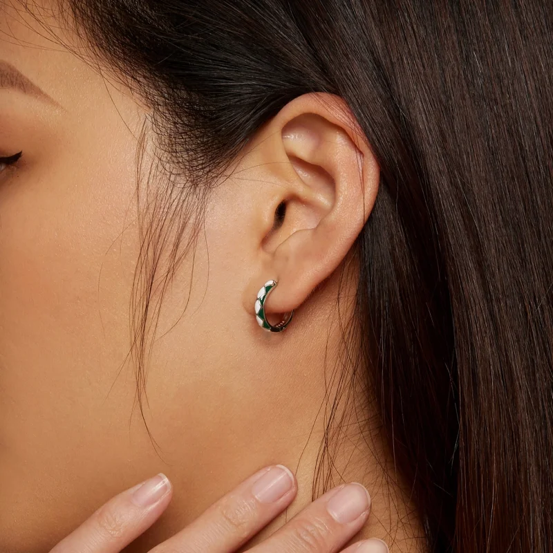 (imagem para) Brincos Argola Padrão Diamante Verde e Branco Estilo Pandora - SCE1611-GN - Visualizar 6