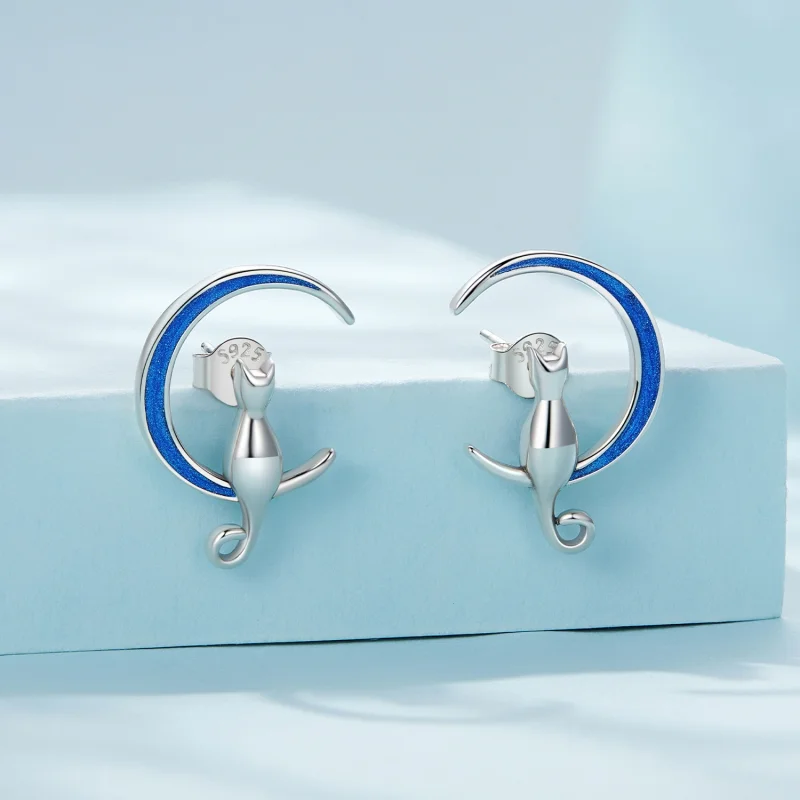 (imagem para) Brincos de Argola Estilo Pandora com Gato e Lua - SCE1609 - Visualizar 2
