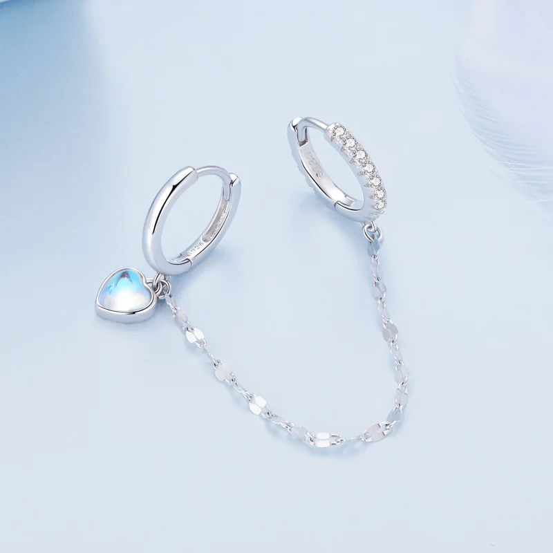 (imagem para) Brincos Duplos Aro Coração com Pedra Lua e Corrente Estilo Pandora - BSE809 - Visualizar 3