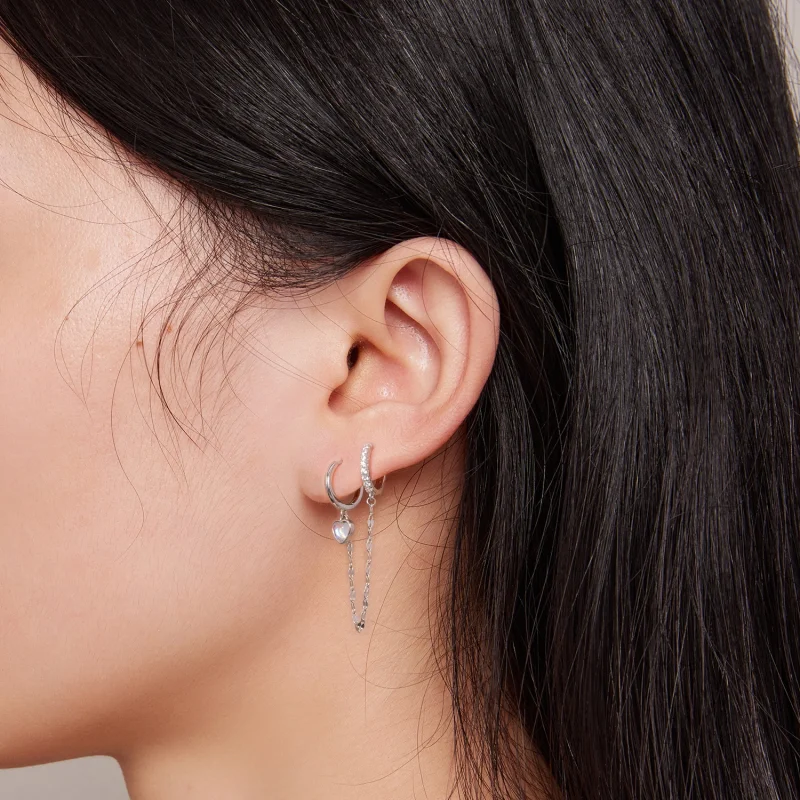 (imagem para) Brincos Duplos Aro Coração com Pedra Lua e Corrente Estilo Pandora - BSE809 - Visualizar 6