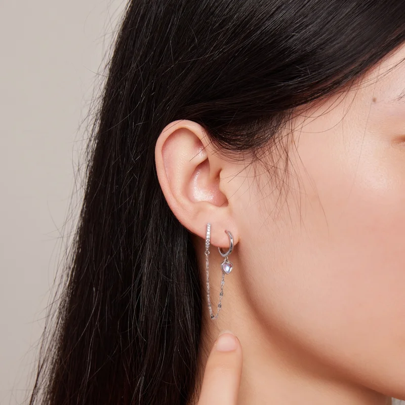 (imagem para) Brincos Duplos Aro Coração com Pedra Lua e Corrente Estilo Pandora - BSE809 - Visualizar 7