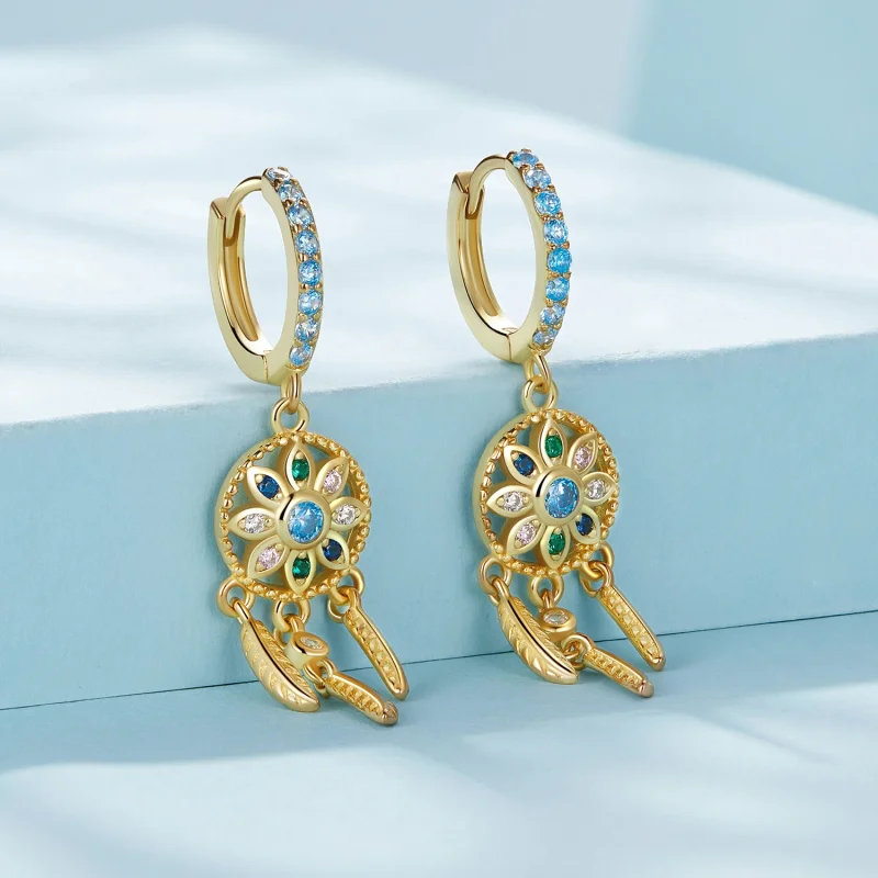 (imagem para) Brincos Pendentes Estilo Pandora Captador de Sonhos Dourado - SCE713-B - Visualizar 2