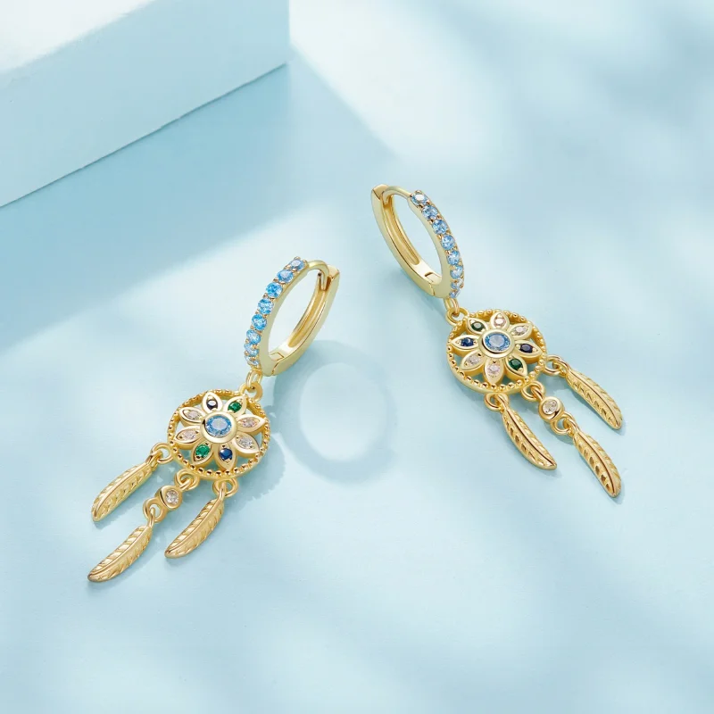 (imagem para) Brincos Pendentes Estilo Pandora Captador de Sonhos Dourado - SCE713-B - Visualizar 3