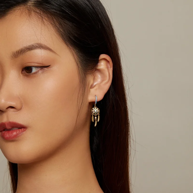 (imagem para) Brincos Pendentes Estilo Pandora Captador de Sonhos Dourado - SCE713-B - Visualizar 6