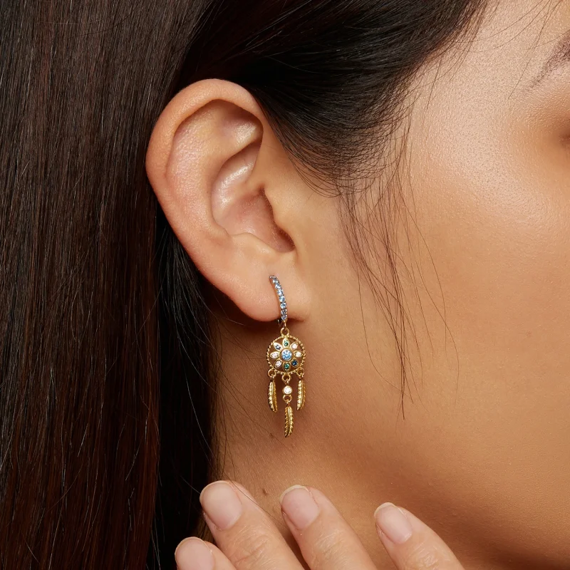 (imagem para) Brincos Pendentes Estilo Pandora Captador de Sonhos Dourado - SCE713-B - Visualizar 7