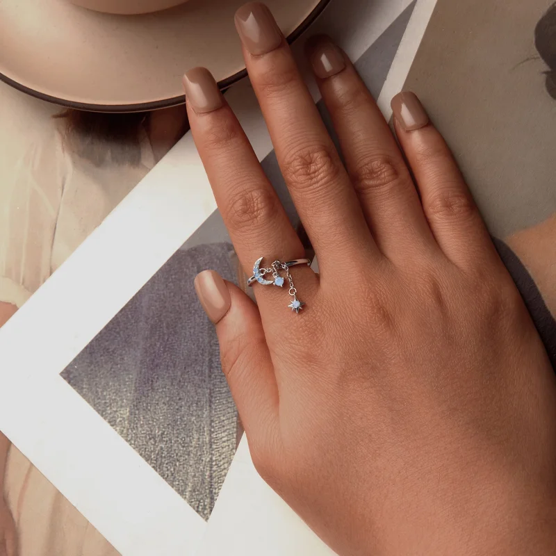 (imagem para) Anel Aberto Estilo PANDORA com Corrente de Estrelas e Lua - BSR548-E - Visualizar 4