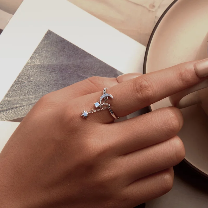 (imagem para) Anel Aberto Estilo PANDORA com Corrente de Estrelas e Lua - BSR548-E - Visualizar 5