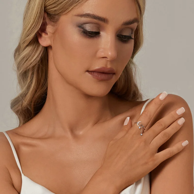 (imagem para) Anel Aberto Estilo PANDORA com Corrente de Estrelas e Lua - BSR548-E - Visualizar 7