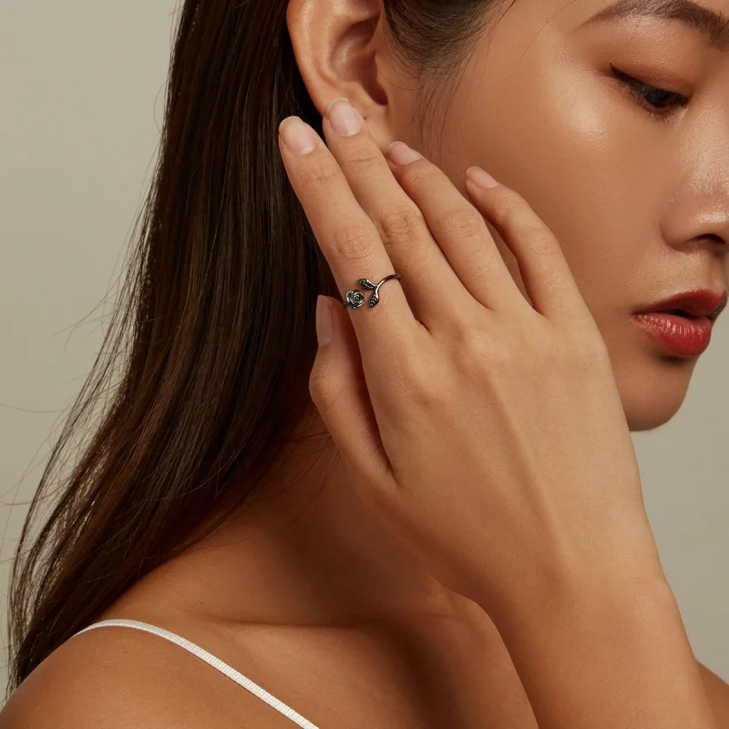 (imagem para) Anel Aberto Rosa Negra Estilo PANDORA - BSR239 - Visualizar 8