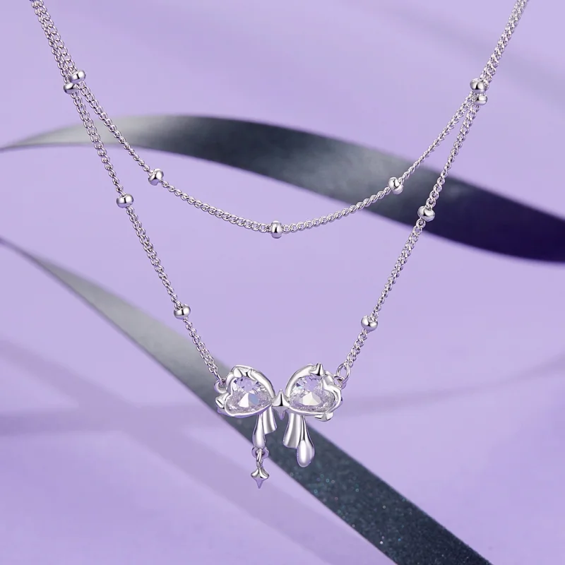 (imagem para) Colar de Estilo PANDORA com Laço Brilhante e Corrente - BSN398 - Visualizar 2