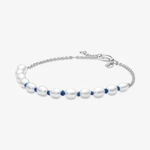 (imagem para) Bracelete de Corrente de Cordão Azul com Pérola Cultivada de Água Doce Tratada Pandora - 591689C01