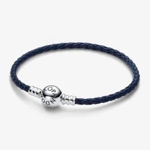 (imagem para) Bracelete de Couro Trançado Azul com Fivela Redonda Pandora Moments - 592790C01