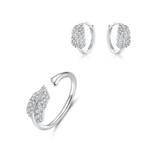 Conjunto de joias Dois tons Pluma estilo Pandora - SET012 Conjunto de joias Dois tons Pluma estilo Pandora - SET012