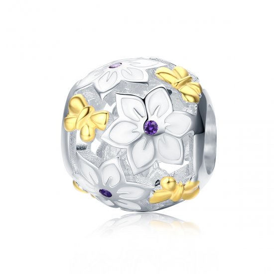Charm Dois tons Flores e borboletas estilo Pandora - SCC546  Clique na imagem para fechar