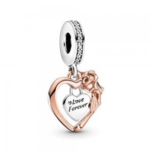 Charm Pendente Flor Rosa E Coração - 789290C01 Charm Pendente Flor Rosa E Coração - 789290C01