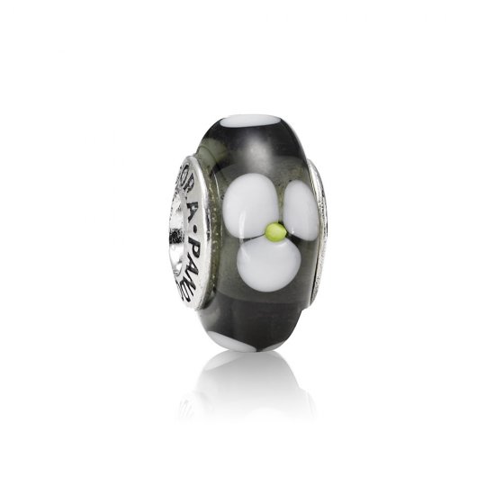 Charm PANDORA de Prata e Murano Preto e Flores Brancas - 790604  Clique na imagem para fechar