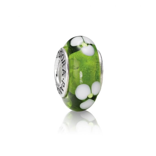 Charm PANDORA de Prata e Murano Verde e Flores Brancas - 790614  Clique na imagem para fechar