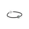 Bracelete PANDORA De Couro preta Com Trevo frisado