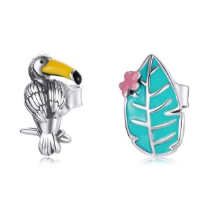 Brincos Petit Pássaro e folha de bico grande estilo Pandora - SCE1083 Brincos Petit Pássaro e folha de bico grande estilo Pandora - SCE1083