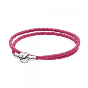 Bracelete PANDORA De Couro Rosa Dupla Com O Fecho