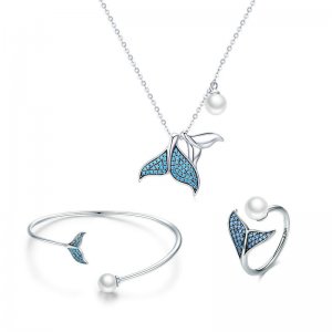 Conjunto de joias Dois tons Sereia azul estilo Pandora - SET004 Conjunto de joias Dois tons Sereia azul estilo Pandora - SET004