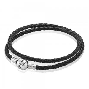 Bracelete PANDORA de Couro Trançado Preto de duas voltas - 590705CBK-D