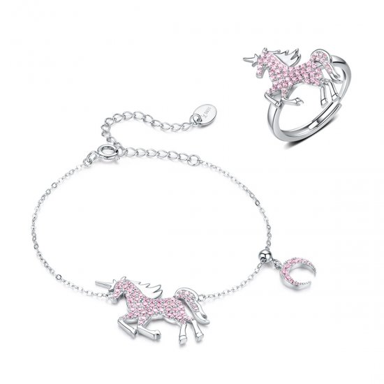 Conjunto de joias Dois tons Unicórnio fofo estilo Pandora - SET009  Clique na imagem para fechar