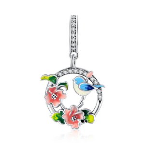 Charm Pendente Pássaros e flores estilo Pandora - SCC1726 Charm Pendente Pássaros e flores estilo Pandora - SCC1726