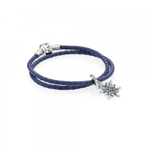 Bracelete PANDORA De Couro Azul Dupla Com Floco de neve