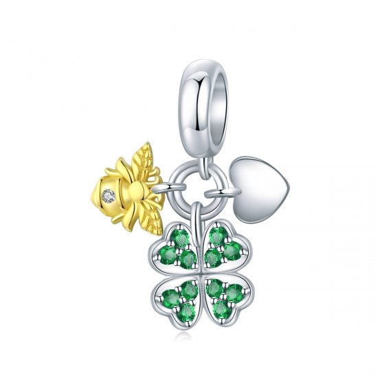 Charm Pendente Dois tons Trevo com abelha estilo Pandora - BSC303  Clique na imagem para fechar