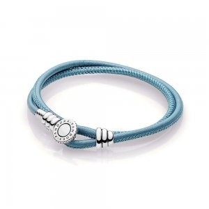 Bracelete PANDORA de Couro de Duas Voltas Turquesa