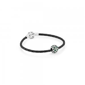 Bracelete PANDORA De Couro preta Com Trevo frisado