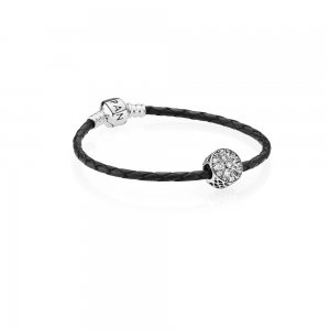 Bracelete PANDORA De Couro preta Com Floco de neve