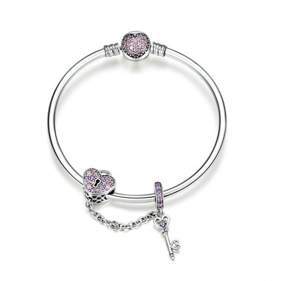 Bracelete estilo Pandora Rígido Chave e fechadura de coração - SCB820  Clique na imagem para fechar