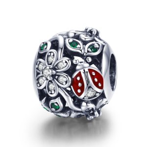 Charm Joaninhas e flores estilo Pandora - SCC926 Charm Joaninhas e flores estilo Pandora - SCC926