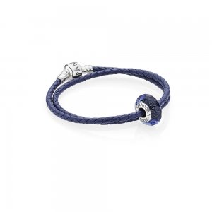 Bracelete PANDORA De Couro Azul Dupla Com O Fecho