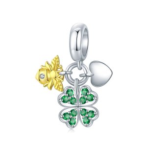 Charm Pendente Dois tons Trevo com abelha estilo Pandora - BSC303 Charm Pendente Dois tons Trevo com abelha estilo Pandora - BSC303